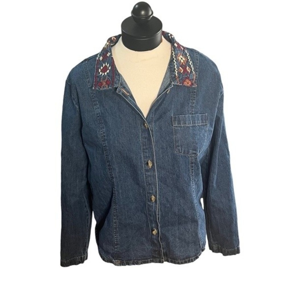 SACHI Denim Button Down Embroidered Collar Front Pocket‎ Size Large